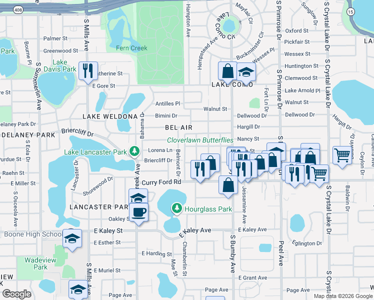 map of restaurants, bars, coffee shops, grocery stores, and more near 1305 Groveland Avenue in Orlando