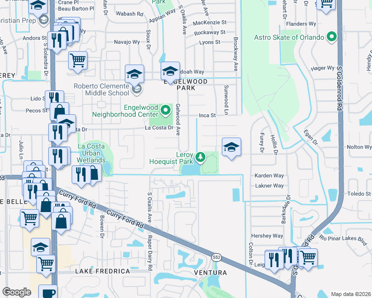 map of restaurants, bars, coffee shops, grocery stores, and more near 1359 South Oxalis Avenue in Orlando