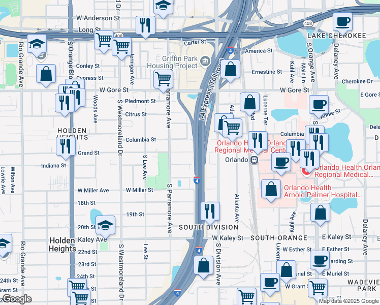 map of restaurants, bars, coffee shops, grocery stores, and more near 601 Grand Street in Orlando