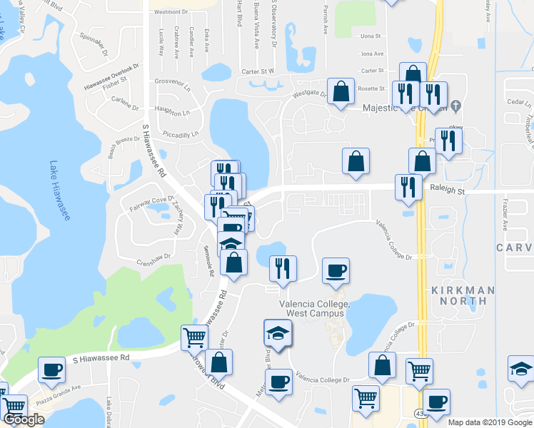 map of restaurants, bars, coffee shops, grocery stores, and more near 6308 Raleigh Street in Orlando