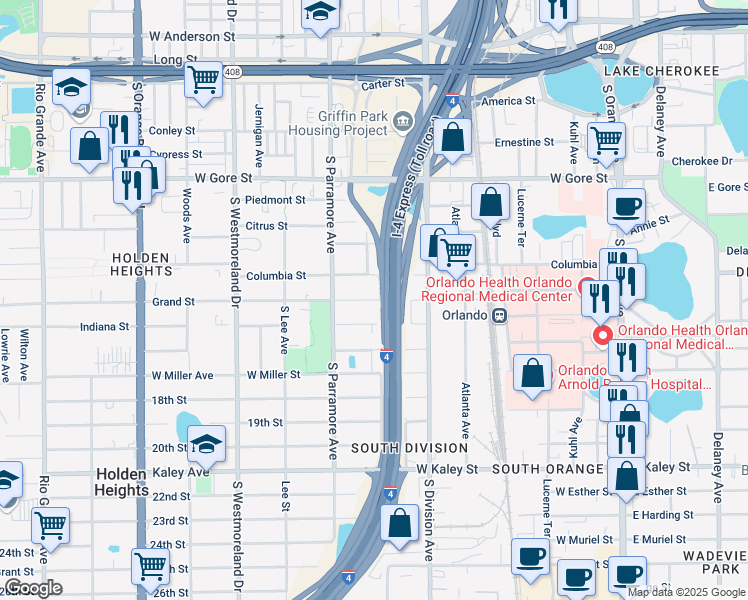 map of restaurants, bars, coffee shops, grocery stores, and more near 601 Grand Street in Orlando