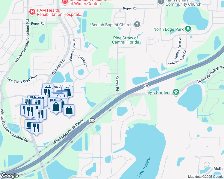 map of restaurants, bars, coffee shops, grocery stores, and more near 12911 Stoneybrook West Parkway in Winter Garden