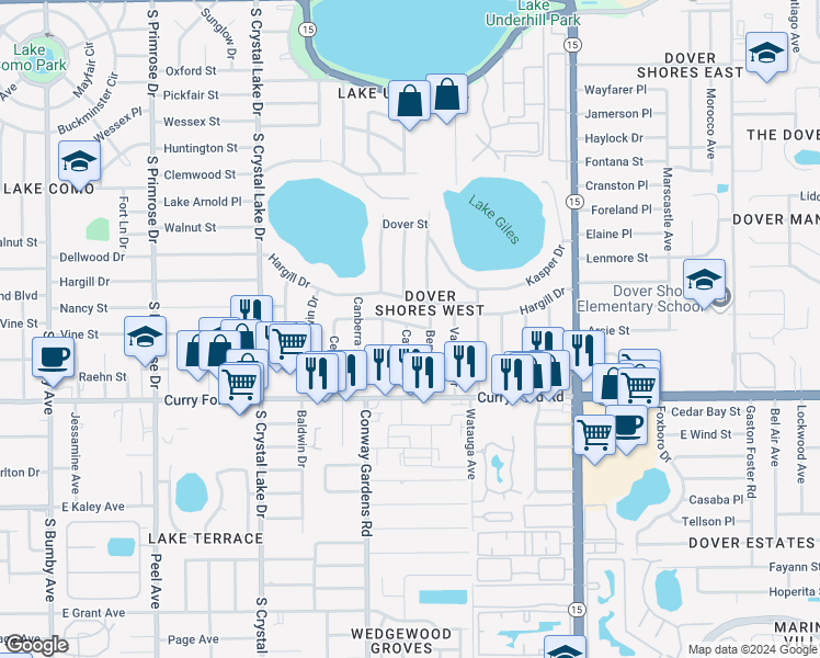 map of restaurants, bars, coffee shops, grocery stores, and more near 3717 Lawson Drive in Orlando