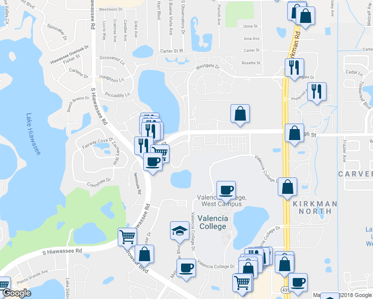 map of restaurants, bars, coffee shops, grocery stores, and more near 6308 Raleigh Street in Orlando