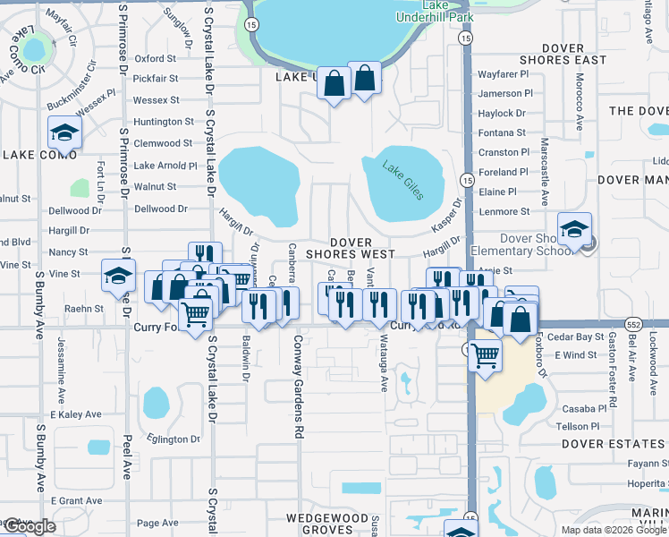 map of restaurants, bars, coffee shops, grocery stores, and more near 3717 Lawson Drive in Orlando