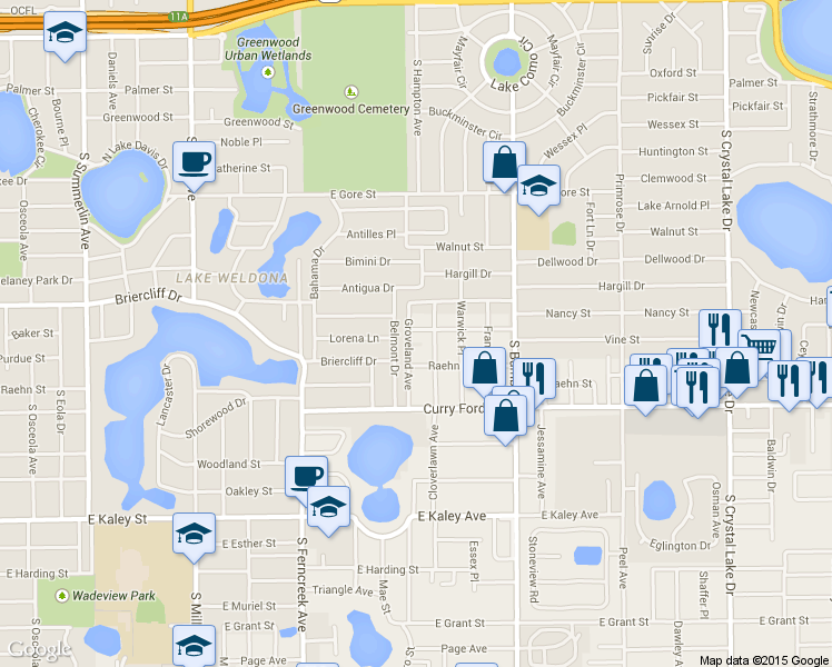 map of restaurants, bars, coffee shops, grocery stores, and more near 1299 Groveland Avenue in Orlando