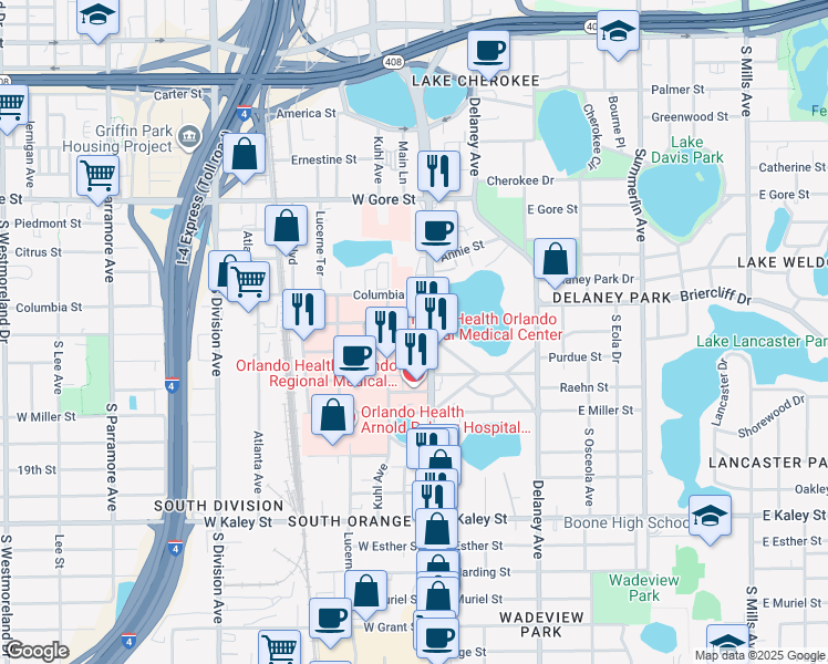 map of restaurants, bars, coffee shops, grocery stores, and more near 22 West Underwood Street in Orlando
