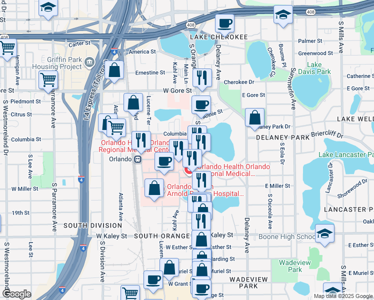 map of restaurants, bars, coffee shops, grocery stores, and more near 22 West Underwood Street in Orlando