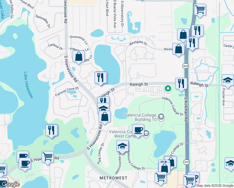map of restaurants, bars, coffee shops, grocery stores, and more near 6332 Raleigh Street in Orlando