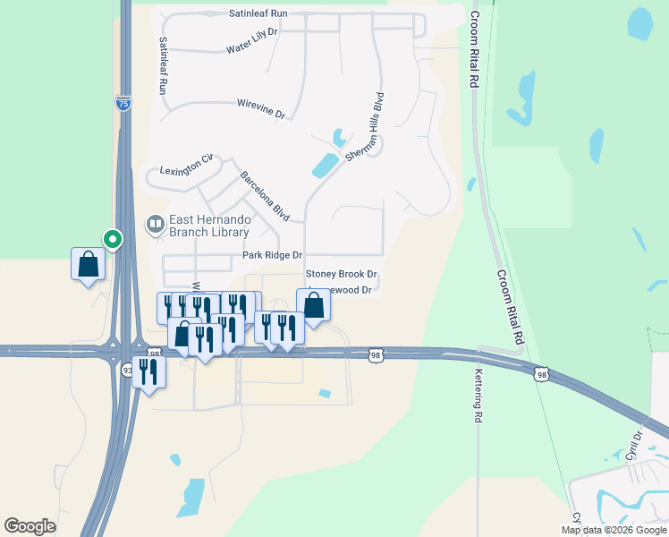 map of restaurants, bars, coffee shops, grocery stores, and more near 31210 Park Ridge Drive in Brooksville