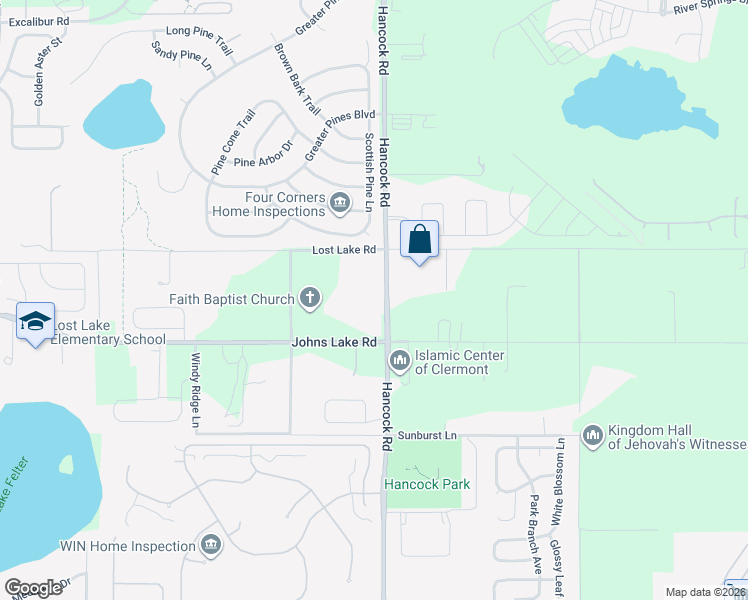 map of restaurants, bars, coffee shops, grocery stores, and more near 12415 Hancock Road in Clermont