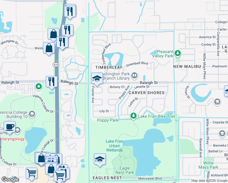 map of restaurants, bars, coffee shops, grocery stores, and more near 5318 Botany Court in Orlando