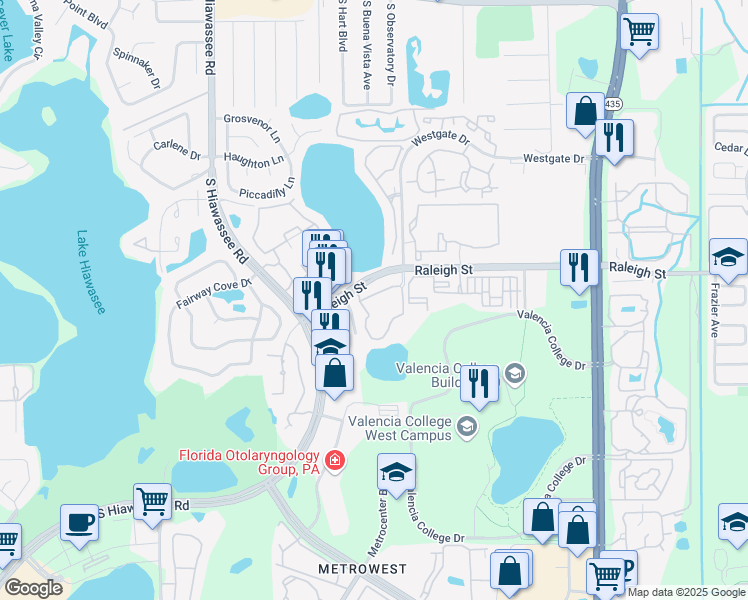 map of restaurants, bars, coffee shops, grocery stores, and more near 6332 Raleigh Street in Orlando