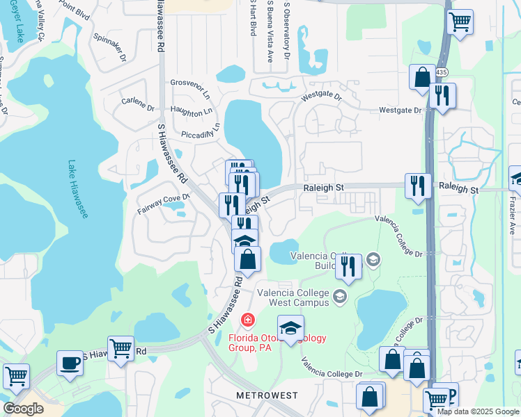 map of restaurants, bars, coffee shops, grocery stores, and more near 6332 Raleigh Street in Orlando