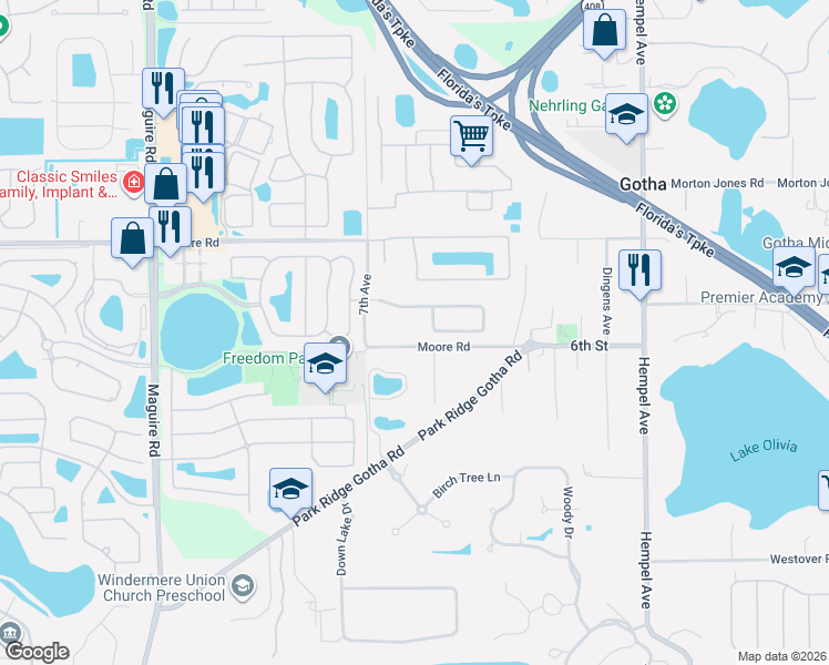 map of restaurants, bars, coffee shops, grocery stores, and more near 10521 Moore Road in Gotha