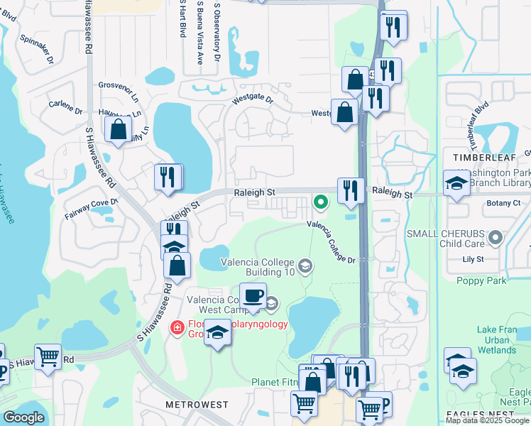 map of restaurants, bars, coffee shops, grocery stores, and more near 6168 Raleigh Street in Orlando
