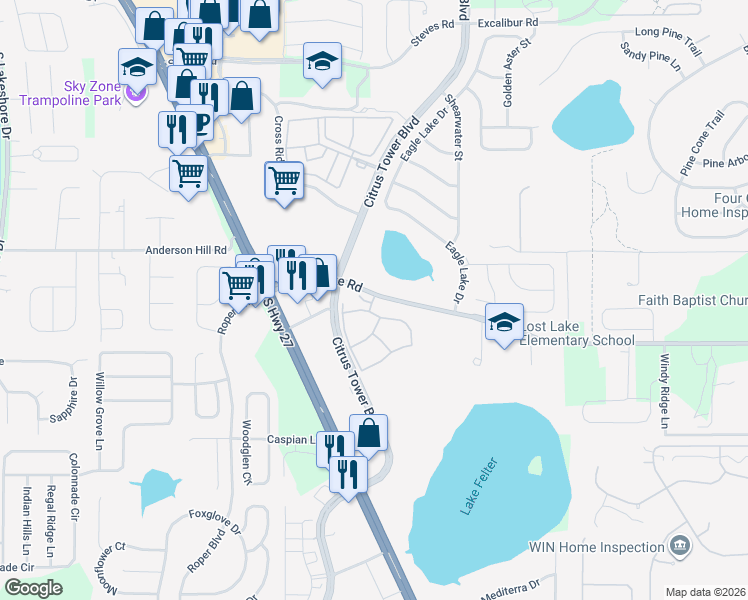 map of restaurants, bars, coffee shops, grocery stores, and more near 1601 Johns Lake Road in Clermont