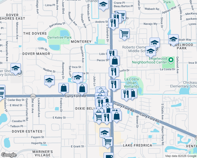 map of restaurants, bars, coffee shops, grocery stores, and more near 1315 Terre Cia Avenue in Orlando