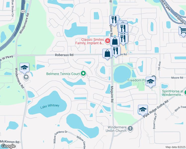 map of restaurants, bars, coffee shops, grocery stores, and more near 2840 Mirella Court in Windermere