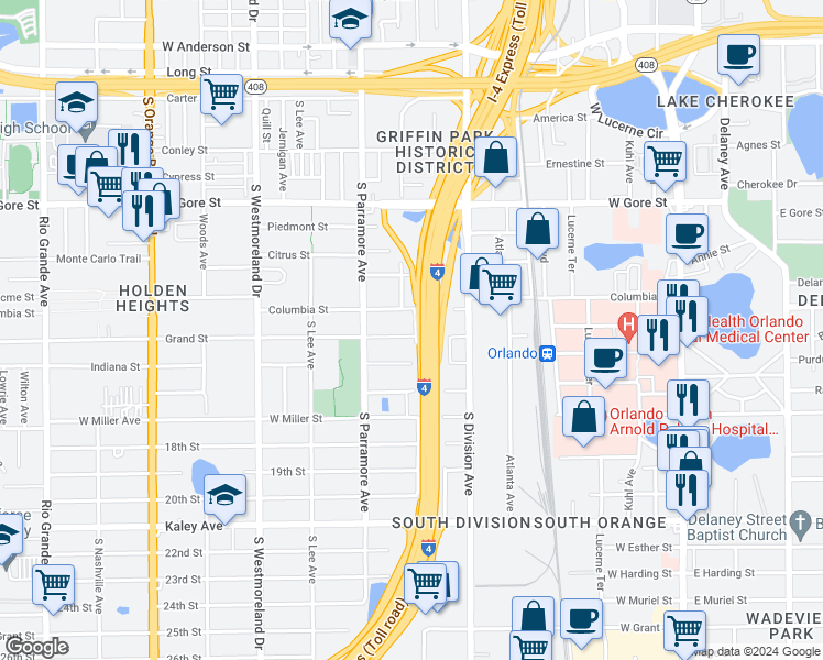 map of restaurants, bars, coffee shops, grocery stores, and more near 601 Grand Street in Orlando