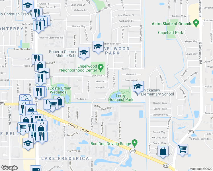 map of restaurants, bars, coffee shops, grocery stores, and more near 6157 Margie Court in Orlando