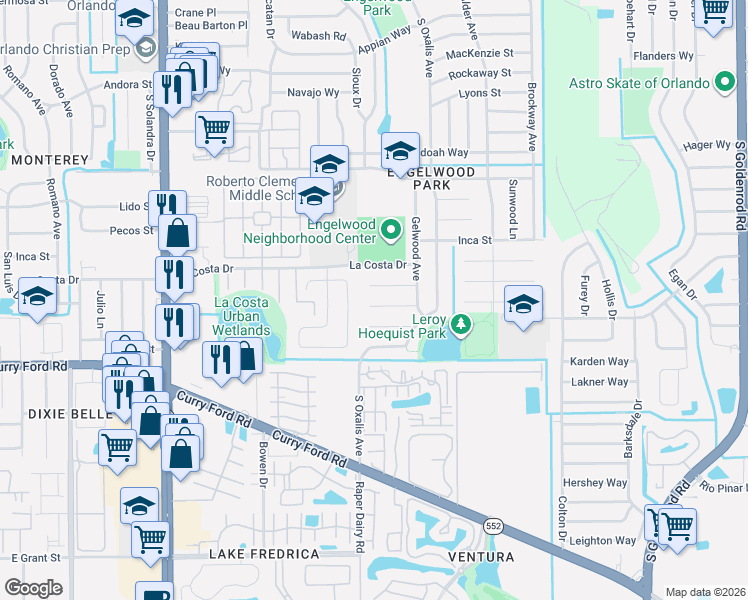map of restaurants, bars, coffee shops, grocery stores, and more near 6020 Jibway Court in Orlando