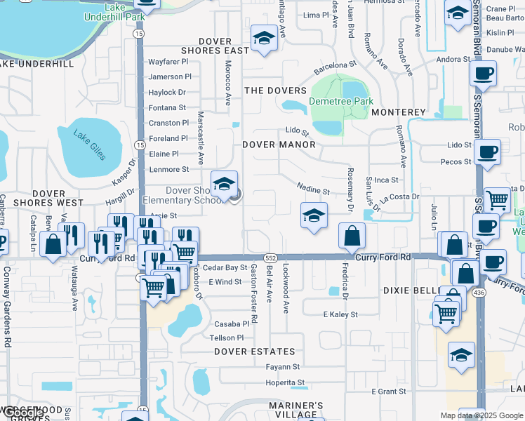map of restaurants, bars, coffee shops, grocery stores, and more near 5014 Natalie Street in Orlando