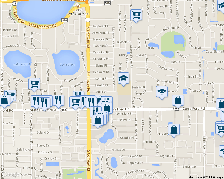 map of restaurants, bars, coffee shops, grocery stores, and more near 1227 Marscastle Avenue in Orlando
