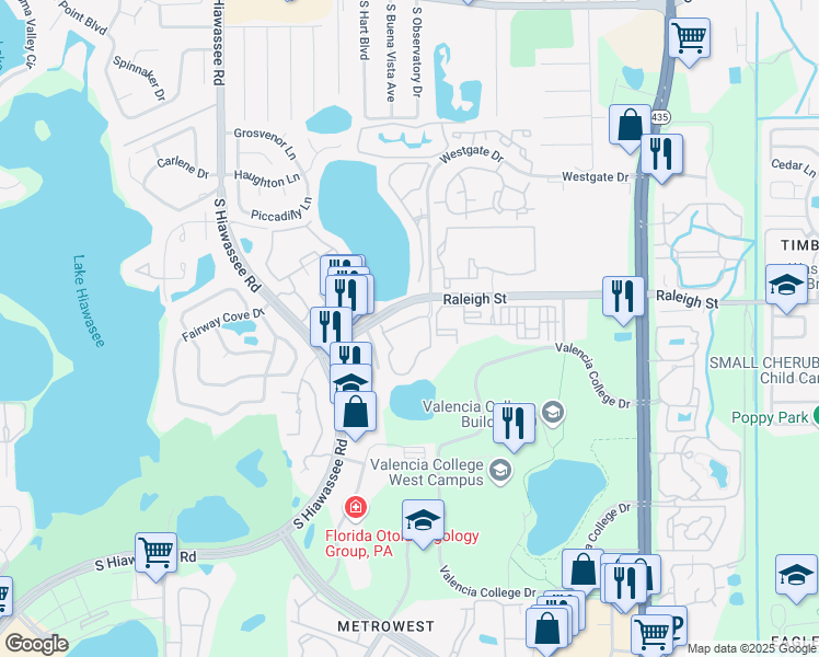 map of restaurants, bars, coffee shops, grocery stores, and more near 6308 Raleigh Street in Orlando