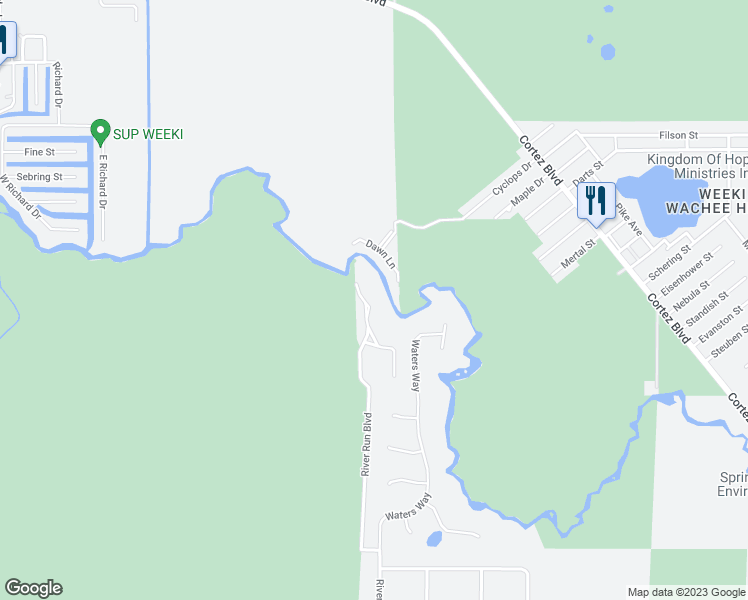 map of restaurants, bars, coffee shops, grocery stores, and more near 7002 River Run Boulevard in Weeki Wachee
