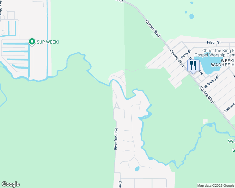 map of restaurants, bars, coffee shops, grocery stores, and more near 7010 River Run Boulevard in Weeki Wachee