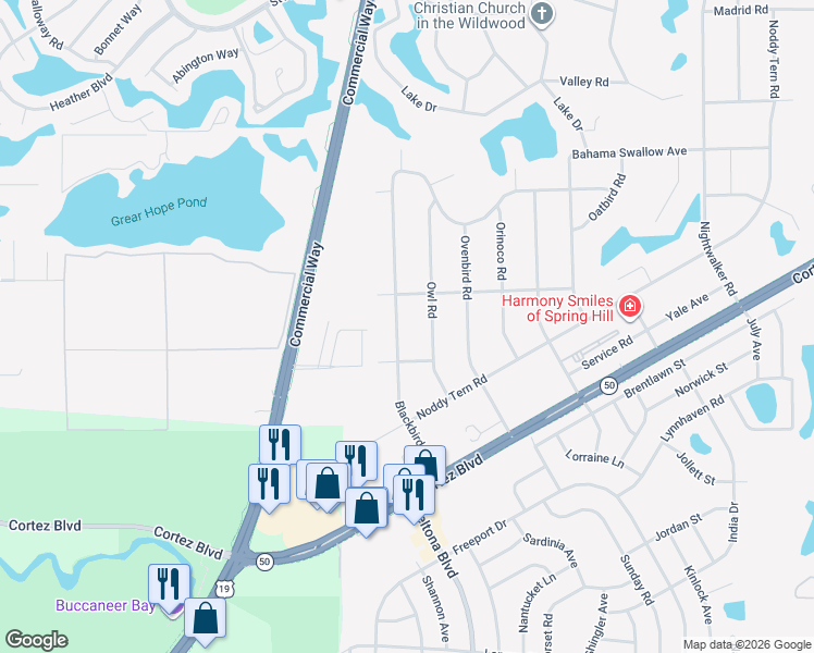map of restaurants, bars, coffee shops, grocery stores, and more near 6512 Blackbird Avenue in Spring Hill