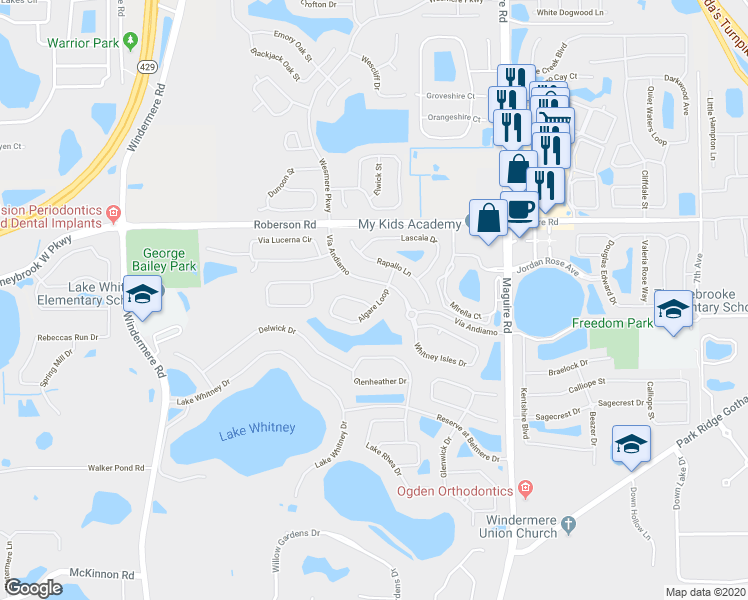 map of restaurants, bars, coffee shops, grocery stores, and more near 918 Algare Loop in Windermere