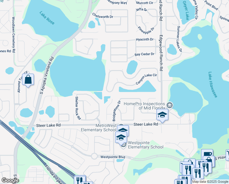 map of restaurants, bars, coffee shops, grocery stores, and more near 8031 Canyon Lake Circle in Orlando