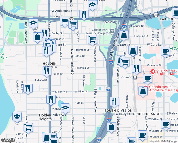 map of restaurants, bars, coffee shops, grocery stores, and more near 723 Grand Street in Orlando