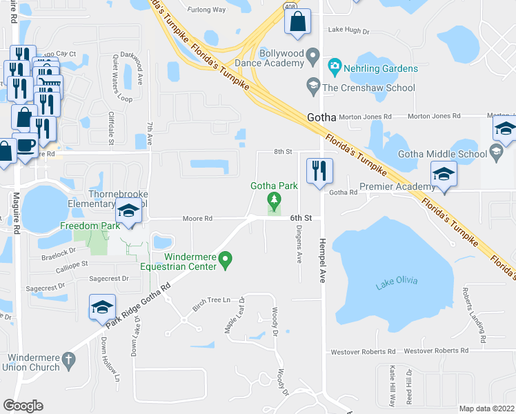 map of restaurants, bars, coffee shops, grocery stores, and more near 10295 Moore Road in Windermere