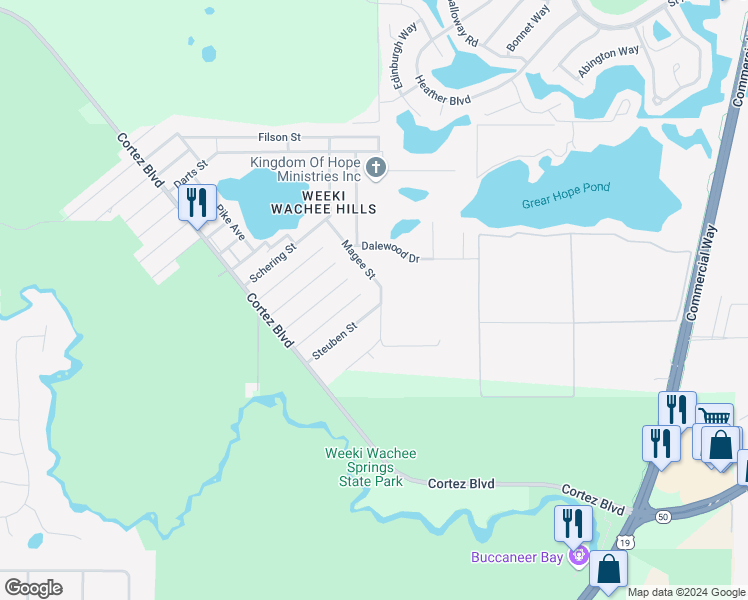 map of restaurants, bars, coffee shops, grocery stores, and more near 6545 Magee Street in Weeki Wachee