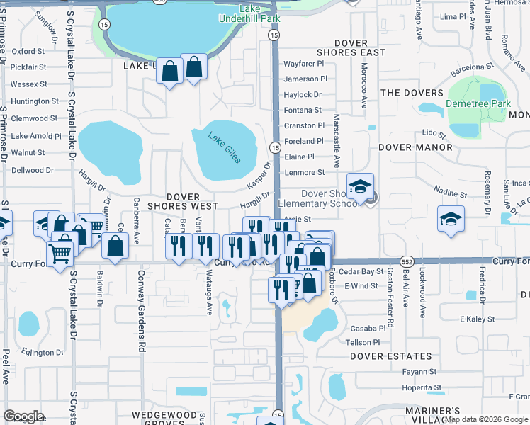 map of restaurants, bars, coffee shops, grocery stores, and more near 1214 South Conway Road in Orlando