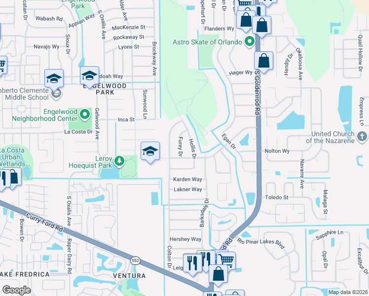 map of restaurants, bars, coffee shops, grocery stores, and more near 1706 Furey Drive in Orlando