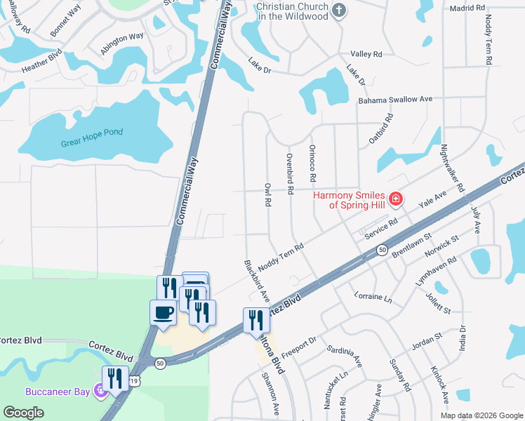 map of restaurants, bars, coffee shops, grocery stores, and more near 6512 Blackbird Avenue in Spring Hill