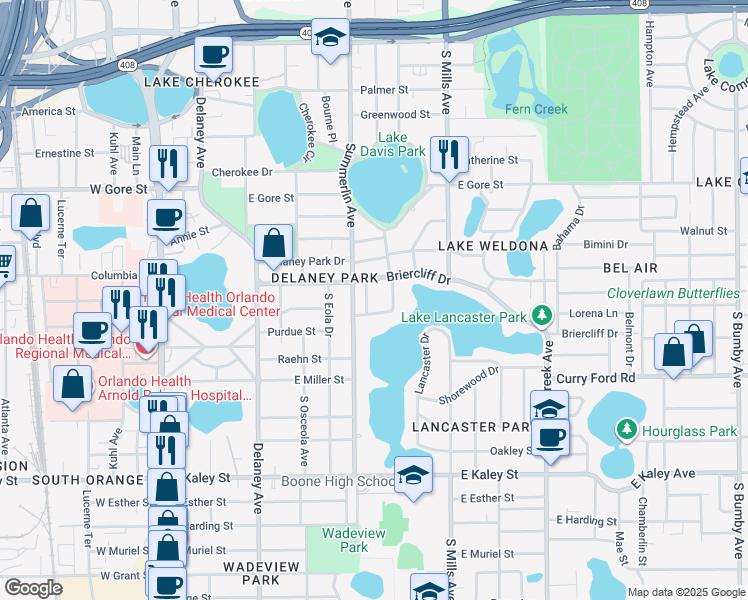 map of restaurants, bars, coffee shops, grocery stores, and more near 1215 Austin Road in Orlando