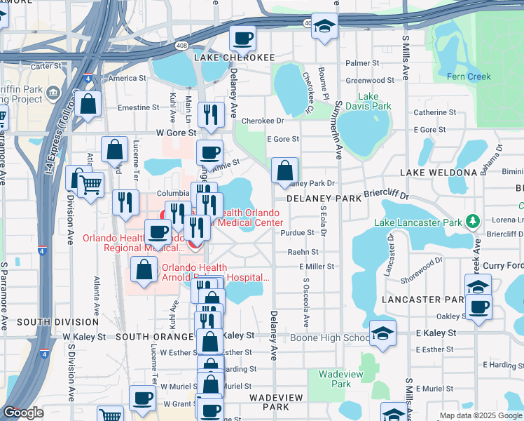 map of restaurants, bars, coffee shops, grocery stores, and more near 1218 Delaney Avenue in Orlando
