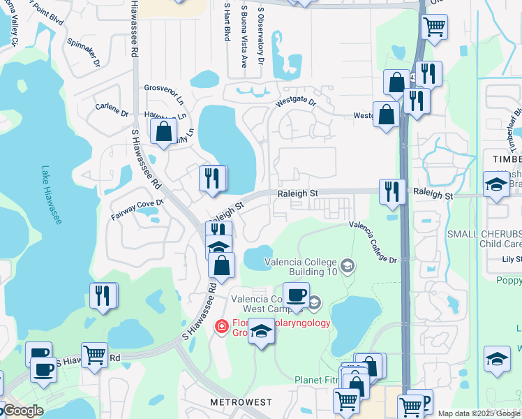 map of restaurants, bars, coffee shops, grocery stores, and more near 6308 Raleigh Street in Orlando