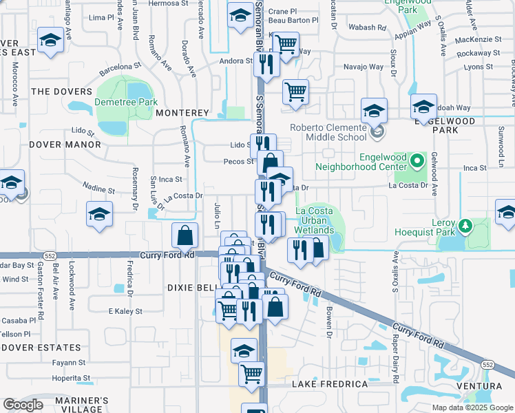 map of restaurants, bars, coffee shops, grocery stores, and more near 1314 South Semoran Boulevard in Orlando