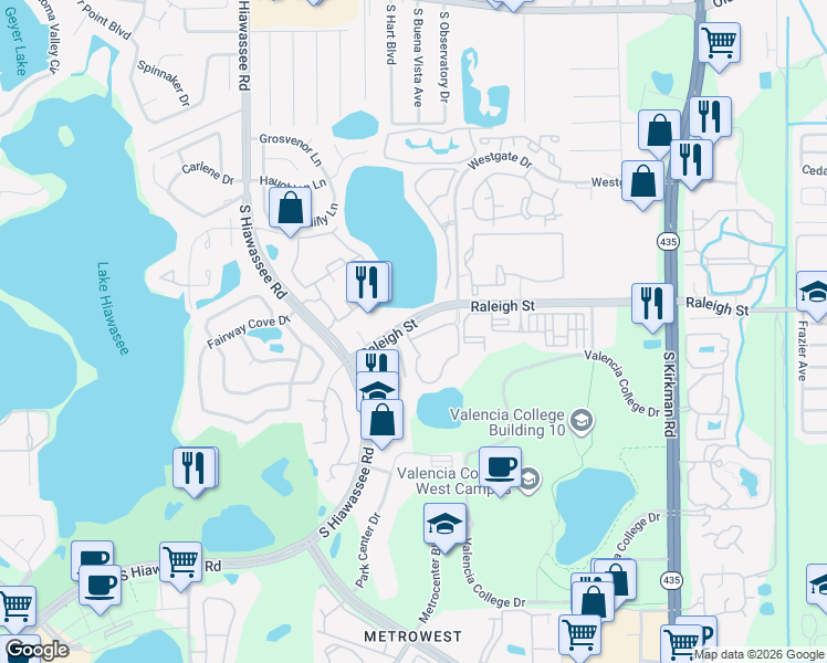 map of restaurants, bars, coffee shops, grocery stores, and more near 6332 Raleigh Street in Orlando