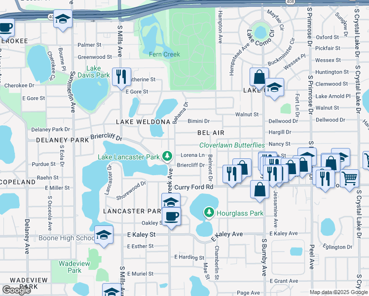 map of restaurants, bars, coffee shops, grocery stores, and more near 1618 Pepperidge Drive in Orlando