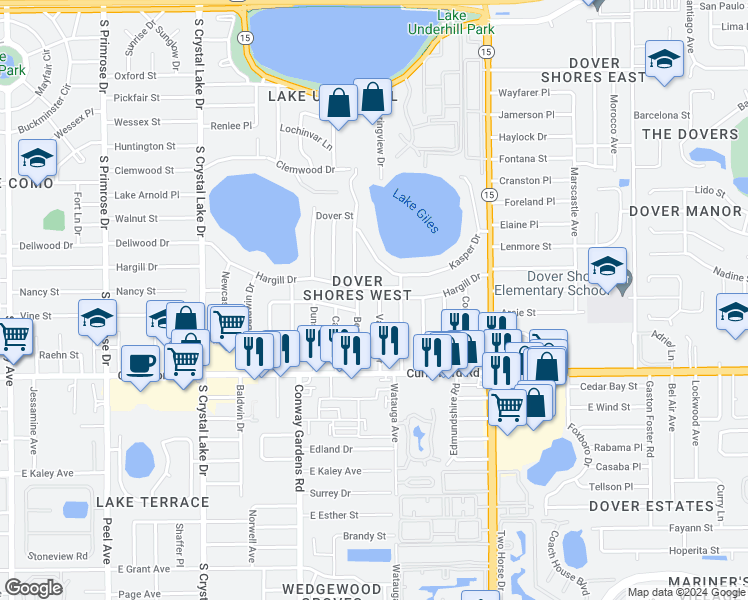 map of restaurants, bars, coffee shops, grocery stores, and more near 1210 Vantage Drive in Orlando