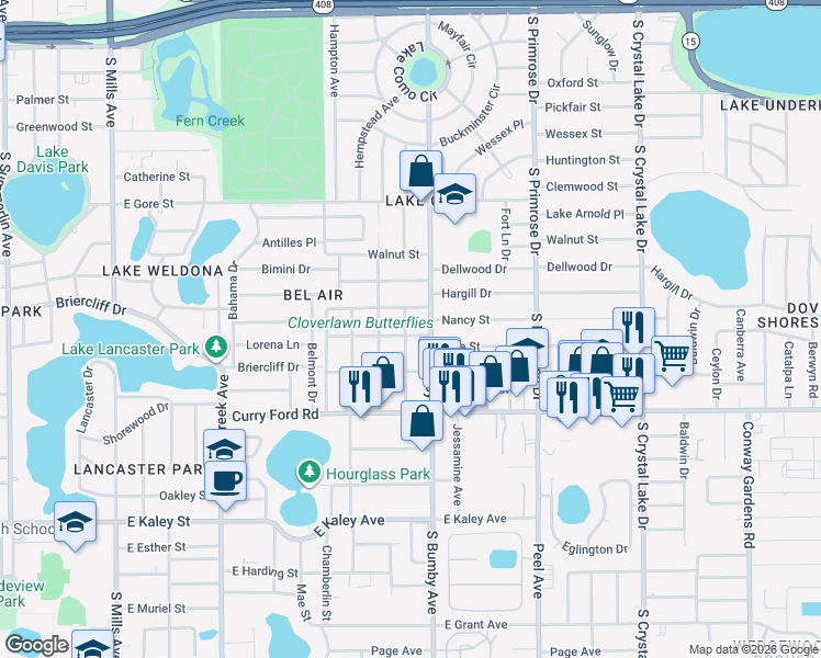 map of restaurants, bars, coffee shops, grocery stores, and more near 2301 Vine Street in Orlando