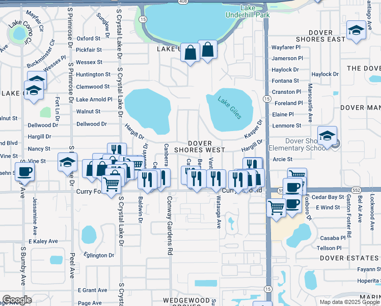 map of restaurants, bars, coffee shops, grocery stores, and more near 3717 Lawson Drive in Orlando