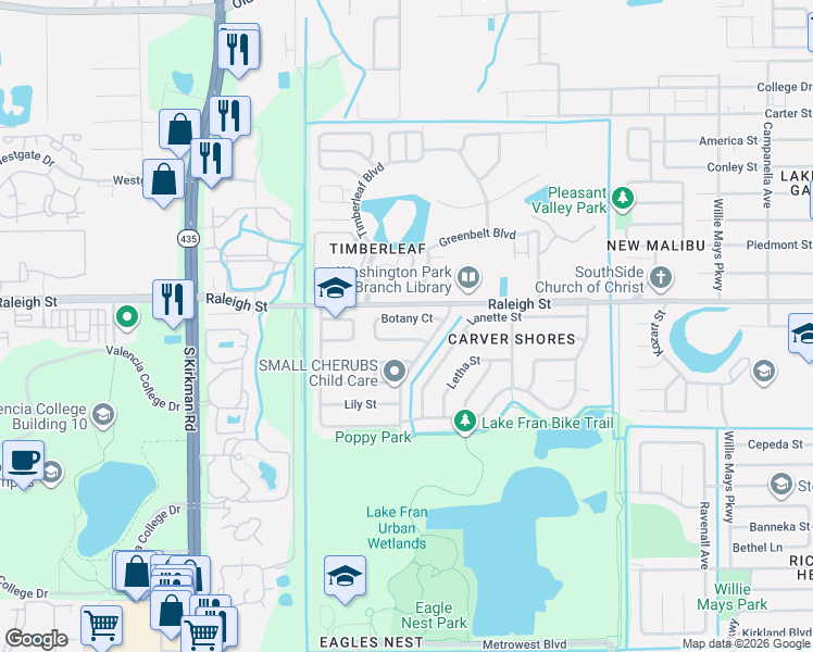 map of restaurants, bars, coffee shops, grocery stores, and more near 5318 Botany Court in Orlando